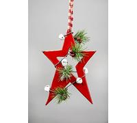 SHATCHI 36cm Red Wooden Star Wall Hanging Ornament Decorated with White Bells Berries and Pines Christmas Holiday Home Decorations, 25x1.2x36 cm