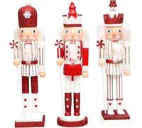 SHATCHI 38cm Red/White Candy Cane Wooden Christmas Nutcrackers - 3pcs Set - Soldiers King Puppet Figurines Home Decoration Ornament