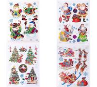 3D Christmas Window Stickers Colourful - 4 Assorted Sheets Christmas Window Decorations Clings Reusable Glass Snowflakes Sticker Christmas Scene, PVC Static Xmas Window Display Decals