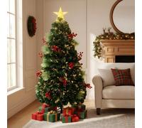 3Ft/90cm Fibre Optic Christmas Tree with Star Topper - Green Pre-Lit Artificial Xmas Tree Featuring Pine Cones, Red Berries, 8 Changing Light Modes