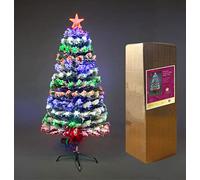 SHATCHI 3Ft/90Cm LED Fibre Optic Christmas Snow Covered Multicolour Green Xmas Tree with Changing Colours with Star, 3ft