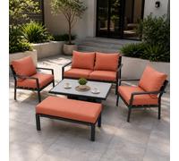 Shatchi 4 Seater 5 Piece Aluminium Garden Sofa Dining Set With Gas Lift Table, Ottoman Bench & Terracotta Cushions