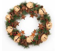 40cm Christmas Wreath with Cream Jingle Bells Stars Pine Cones Berries Leaves for Outdoor Xmas Home Office Mantelpiece Decorations