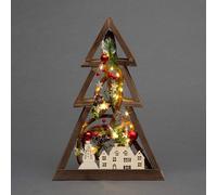39cm LED Pre-Lit Decorated with Leaves Pine Cones Berries 3D Nordic Christmas Scene Tree Shape Wooden Frame Tabletop Decorations Xmas Ornament Gifts, Brown