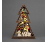 Shatchi 40cm Prelit Wooden Tree Frame Tabletop Decorations Xmas Ornament Gifts Decorated with Leaves Pine Cones Berries 3D Nordic Scene in Brown Shatchi Brown