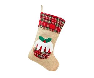 SHATCHI 45cm Large Christmas Pudding Xmas Stocking, Burlap Hessian Linen Hanging Sack Sock with Traditional Printed Design, Reusable Fireplace Stocking for Sweets, Toys and Festive Home Decorations