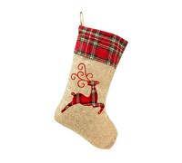 SHATCHI 45cm Large Reindeer Xmas Stocking, Burlap Hessian Linen Hanging Christmas Sack Sock with Festive Printed Design, Reusable Fireplace Stocking for Sweets, Toys and Holiday Home Decorations