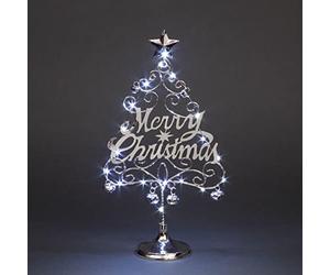 SHATCHI 45cm Pre-Lit Table Top Silver Merry Christmas Tree With Cool White LEDs Bells Star Festive Xmas Holiday Home Office Novelty Decorations