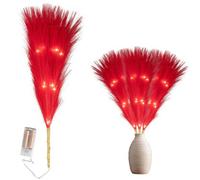 45cm Prelit Red Pampas Grass Stem, Warm White LEDs Battery-Operated Christmas Artificial Flowers for Boho Wedding Bedroom Living Room Decorations