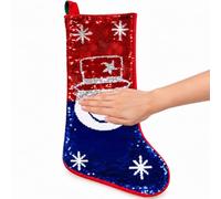 SHATCHI 45cm Reversible Sequin Stocking Red Blue Snowman Bag | Reversible Red and Blue Sequins, Snowman and Snowflake Design, Hanging Loop for Indoor Christmas Decorations, Gift Filling