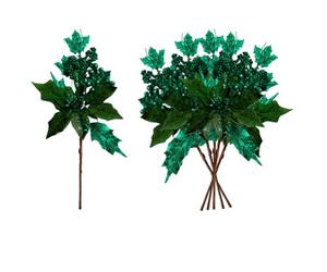 Shatchi 46Cm Dark Green Glitter Poinsettia & Berry Christmas Picks - Set Of 6