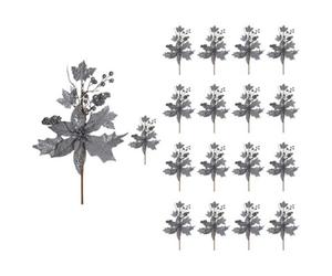 Shatchi 46Cm Grey Glitter Poinsettia & Berry Christmas Picks - Set Of 18