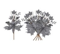 Shatchi 46Cm Grey Glitter Poinsettia & Berry Christmas Picks - Set Of 6