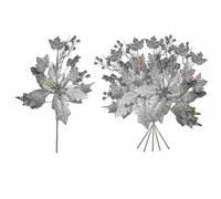 Shatchi 46Cm Silver Glitter Poinsettia & Berry Christmas Picks - Set Of 6