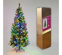 Shatchi 4Ft/1.2M Pre-Lit Green Christmas Slim Pine Narrow Xmas Tree, Multicolour Led Lights, Holiday Home Decorations, 120 Cm