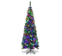 SHATCHI 4Ft/1.2m Pre-Lit Artificial Slim Christmas Green Pencil Tree, Pointed Tips, Metal Stand Multicolour LEDs Lights Holiday Home Decorations, 120 cm