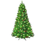 SHATCHI 4Ft-8Ft Pre-Lit Artificial Christmas Tree Maryland Fir Green Tips Red Berries and Pine Cones Warm White LEDs Xmas Home Decorations Metal Stand, 7Ft