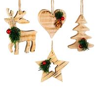 SHATCHI 4pcs Rustic Wooden Star, Tree, Reindeer, Heart Christmas Tree Hanging Decorations Assorted - Christmas Wooden Festive Ornaments Hanging Xmas Pendants DIY Crafts Gifts