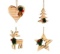 Shatchi 4Pcs Wooden Craft Assorted Shapes - Heart, Tree, Star, Reindeer- Christmas Tree Hanging Decorations in Natural Shatchi Natural