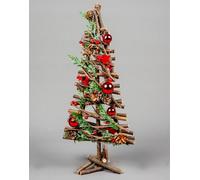 SHATCHI 50cm Prelit Christmas Tree Battery Operated - Wooden Twigs Base Decorated with Red Baubles,Berries,Stars,Foliage,Pine Cones, Micro Rice LED Lights - Christmas Home Centerpiece Decoration