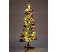 SHATCHI Prelit Battery Operated Christmas Home Hanging Wooden Twigs Base Decorated Baubles,Berries, Foliage,Pine Cones, Micro Rice LED Lights, Wood, Red Stars, Tree-50cm