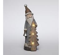 SHATCHI 50cm Santa with Xmas Tree Figurine Wood Effect Christmas Resin Battery Operated LEDs Sculpture Home Table Mantelpeice Decorations