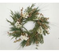 55cm Natural Looking Artificial Green Leaves, Golden Berries and White Hydrangea Flowers Wreath Front Door Hanging Christmas Decorations Wedding Xmas Decorative Garland, 15709