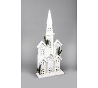 SHATCHI 58cm Battery Powered Warm White LEDs Wooden Church House White Snow Covered Cottage Village Indoor Christmas Decorations
