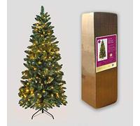 SHATCHI 5Ft/1.5m Pre-Lit Green Christmas Slim Pine Narrow Xmas Tree, Pointed Tips, Metal Stand, Warm White LED Lights, Holiday Home Decorations, 150 cm