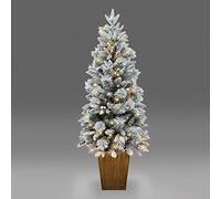 SHATCHI 5Ft/1.5m Pre Lit Potted Snow Flocked Christmas Tree with 100 Warm White LED Lights Changing 8 Modes, Pine Cones and Red Berries Snowy Tips, Green, 150cm