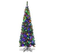 5Ft/1.5m Pre-Lit Artificial Slim Christmas Tree Green Pencil Tree, Pointed Tips, Metal Stand Multicolour LEDs Lights Holiday Home Decorations