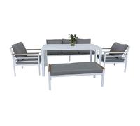 SHATCHI 6 Seater Aluminium Garden Furniture Set White Frame - Outdoor Sofa Set with Bench, Armchairs and Dining Table - Grey Cushions, Modern Patio Lounge Dining Set