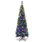 SHATCHI 6Ft/1.8m Pre-Lit Artificial Slim Christmas Green Pencil Tree, Pointed Tips, Metal Stand Multicolour LEDs Lights Holiday Home Decorations, 180 cm