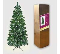 SHATCHI 6Ft/1.8m Pre-Lit Green Christmas Slim Pine Narrow Xmas Tree, Pointed Tips, Metal Stand, Cool White LED Lights, Holiday Home Decorations, 180 cm