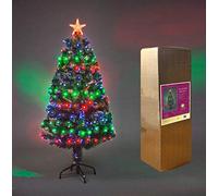 SHATCHI 6Ft/180cm Fibre Optic Christmas Star Topper-Multicolor LEDs 8 Changing Light Modes-Pre-Lit Green Artificial Xmas Tree, PVC, 180 cm