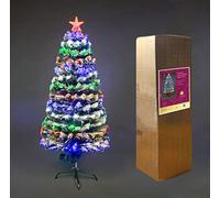 SHATCHI 6Ft/180cm Snow-Frosted Fibre Optic Christmas Star Topper-Multicolor LEDs 8 Changing Light Modes-Pre-Lit Snowy Artificial Xmas Tree, PVC, Green, 180 cm
