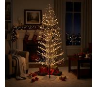 6Ft/1.8m Pre-Lit Brown Snowy Twig Christmas Tree - 160 Wam White Micro LEDs - Mains Operated - Snow Flocked Birch Tree Xmas Home Light Decoration