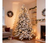 6Ft/1.8M Pre-Lit Snowy Helsinki Fir Snow Covered Flocked Luxurious Artificial Green Christmas Tree Bushy Xmas Holiday Home Decoration Warm White LED Lights Last Up To 50,000 hrs