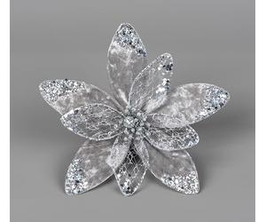 SHATCHI 6Pcs -20cm Deluxe Christmas Glitter Poinsettia Silver Velvet Net Artificial Flowers with Metal Clips Christmas Tree Decorations Wedding New Year Ornaments