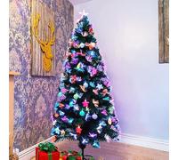 SHATCHI 7Ft/210cm Fibre Optic Christmas Topper-Hanging Stars & Baubles Pre-Lit Green Artificial Xmas Tree-Multicolor Changing Lights, PVC, Pastel Decoration, 210 cm