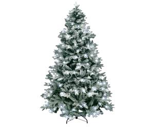 SHATCHI 7Ft/210CM Pre-Lit Lapland Fir Artificial Green Christmas Tree Snow Flocked PE PVC Mixed Tips Hinged Branches Bushy Xmas Home Snowy Decorations, with 320 White LEDs and Metal Stand