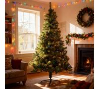 SHATCHI 7ft/2.1m Pre-Lit Artificial Christmas Tree Alaskan Pine Green 800 Tips-200 Multicolour LEDs Metal Stand Xmas Home Decorations, 210cm