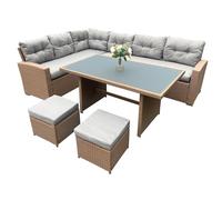 SHATCHI 8 Seater Aluminium Rattan Corner Sofa Set with Dining Table and Footstools - Garden Lounge Set with Thick Cushions - Outdoor Patio Dining Furniture