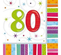 Shatchi 80th Birthday Party Tableware Decorations 3ply 16 Paper Luncheon Napkins Serviettes, Multi