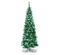 SHATCHI 8Ft/2.4m Pre-Lit Artificial Slim Christmas Green Pencil Tree, Pointed Tips, Metal Stand Cool White LEDs Lights Holiday Home Decorations, 240 cm