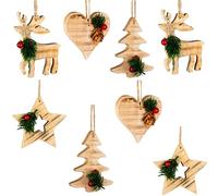 SHATCHI 8pcs Rustic Wooden Stars, Trees, Reindeers, Hearts Christmas Tree Hanging Decorations Assorted - Christmas Wooden Festive Ornaments Hanging Xmas Pendants DIY Crafts Gifts