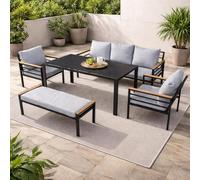 Shatchi Aluminium Frame Garden Sofa Set - 5 Piece Outdoor Lounge With 3-Seat & Single Sofas, Bench & Table