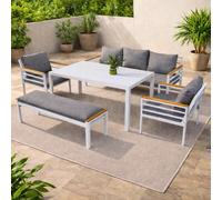 Shatchi Aluminium Garden Furniture Set 6 Seater White Outdoor Patio Sofa Set - Sofa, Dining Table, Bench, Armchairs