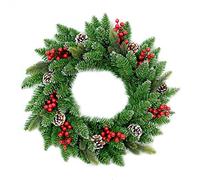 SHATCHI Artificial 55cm Lit Christmas Tree Wreath Garland Pre Berries and Pine Cones Frosted Tips Door Wall Hanging Decorations Xmas Home LED Light Up Décor, Green