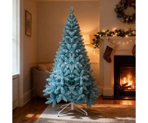Shatchi Blue Flocked Artificial Christmas Tree - 1396 Tips, Snowy Winter Effect